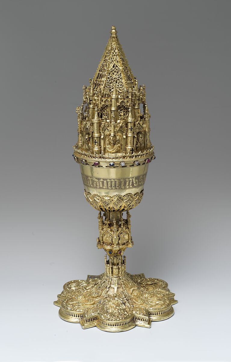 Covered Chalice, Silver, gilded with rubies, sapphires, diamonds, and crystals, Spanish