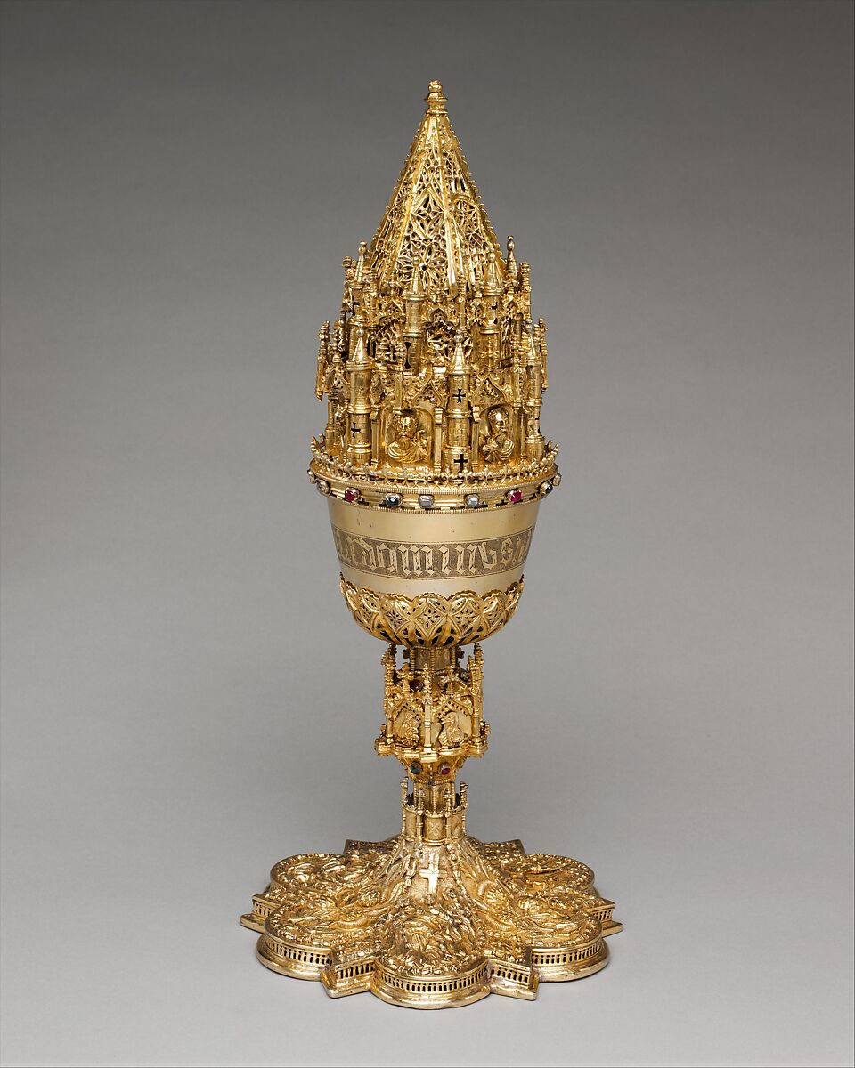 Covered Chalice, Silver, gilded with rubies, sapphires, diamonds, and crystals, Spanish 