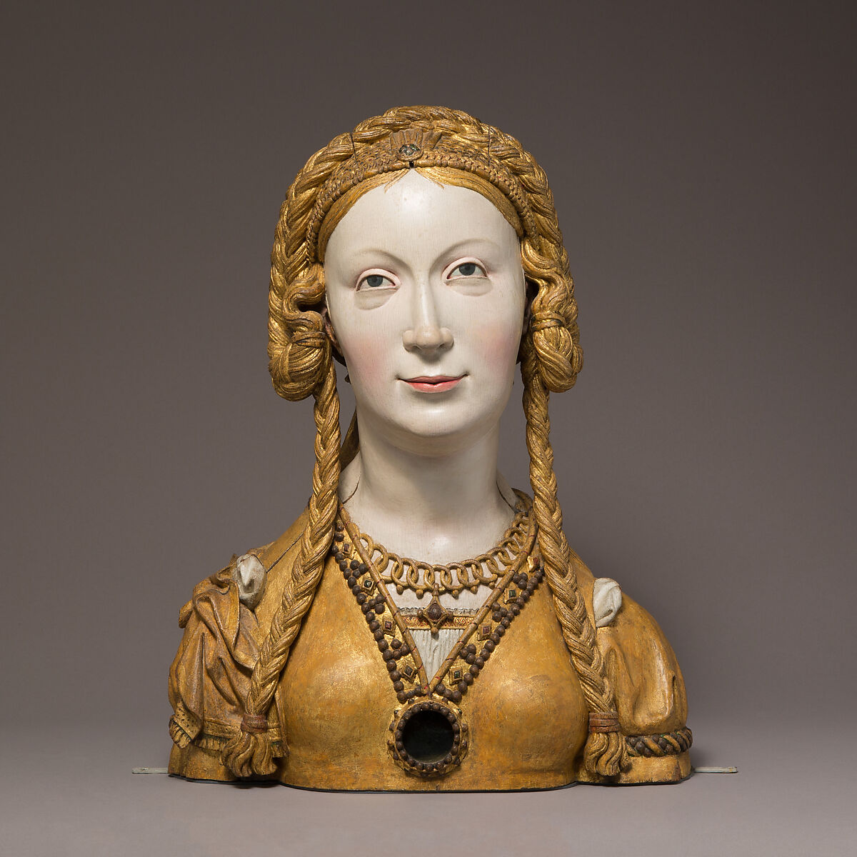 Reliquary Bust of a Female Saint, Oak, paint, gilt, South Netherlandish 