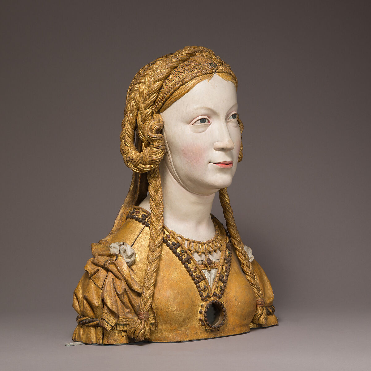 Reliquary Bust of a Female Saint, Oak, paint, gilt, South Netherlandish