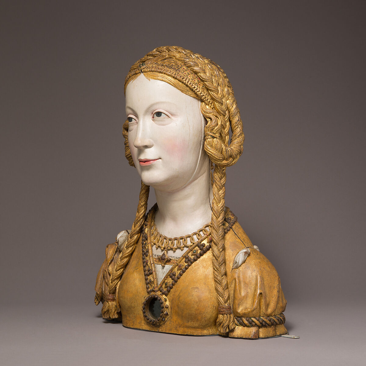 Reliquary Bust of a Female Saint, Oak, paint, gilt, South Netherlandish