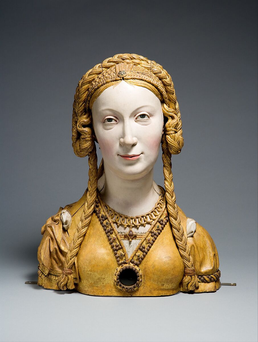 Reliquary Bust of a Female Saint, Oak, paint, gilt, South Netherlandish