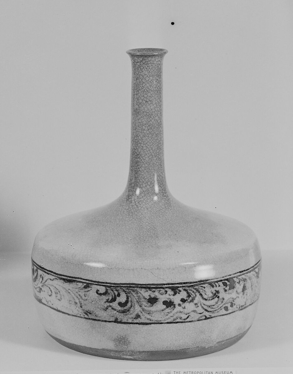 Bottle, Clay, finely crackled white glaze; band of motifs (Kyoto ware), Japan 