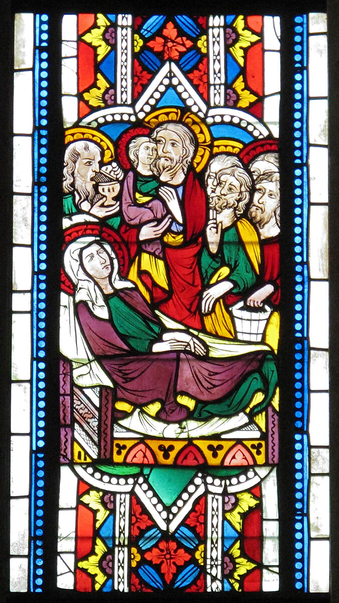 Dormition of the Virgin, Pot-metal and colorless glass with vitreous paint, Austrian 