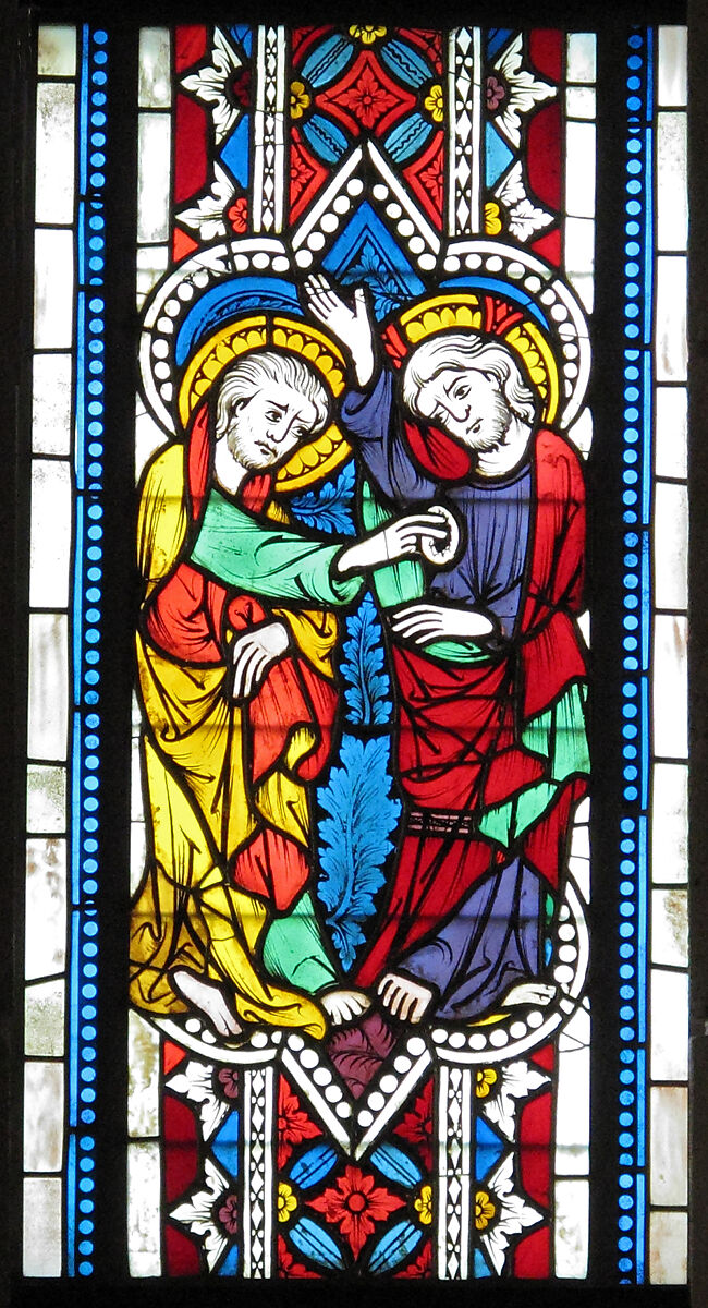 Doubting Thomas, Pot-metal and colorless glass with vitreous paint, Austrian 