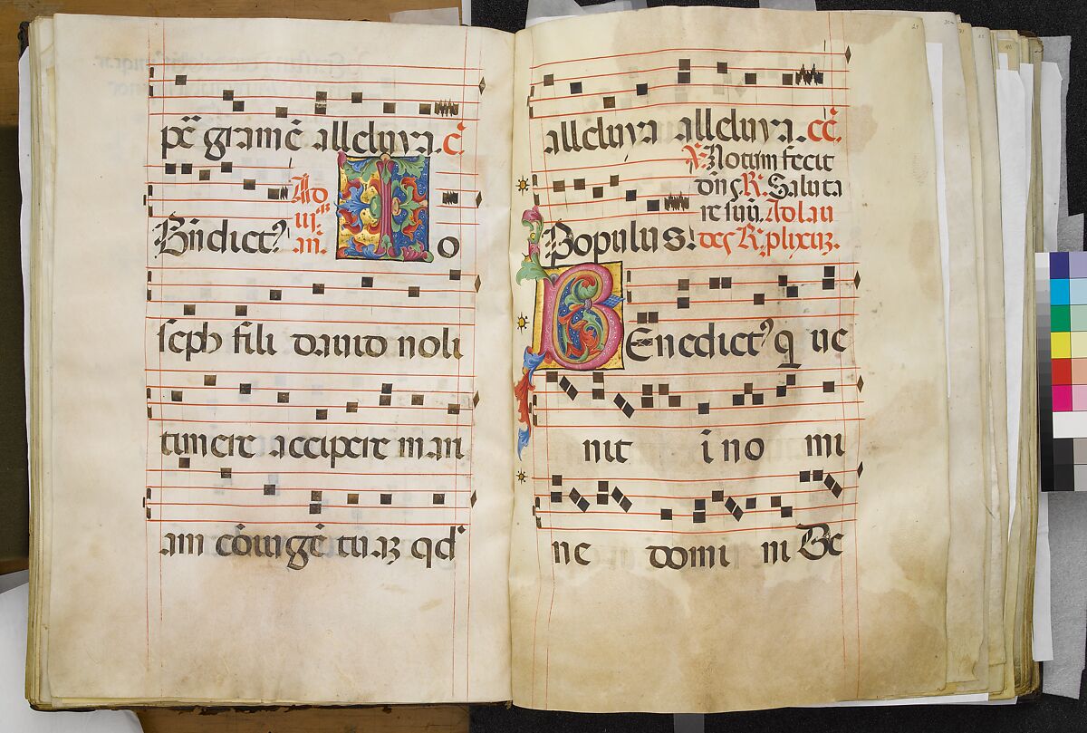 Benedictine Antiphonary, Belbello da Pavia (Italian, born Lombard, active ca. 1420–70) and collaborators, Tempera, gold, and ink on parchment; binding: leather over wood boards with copper alloy corner mounts and bosses, Italian