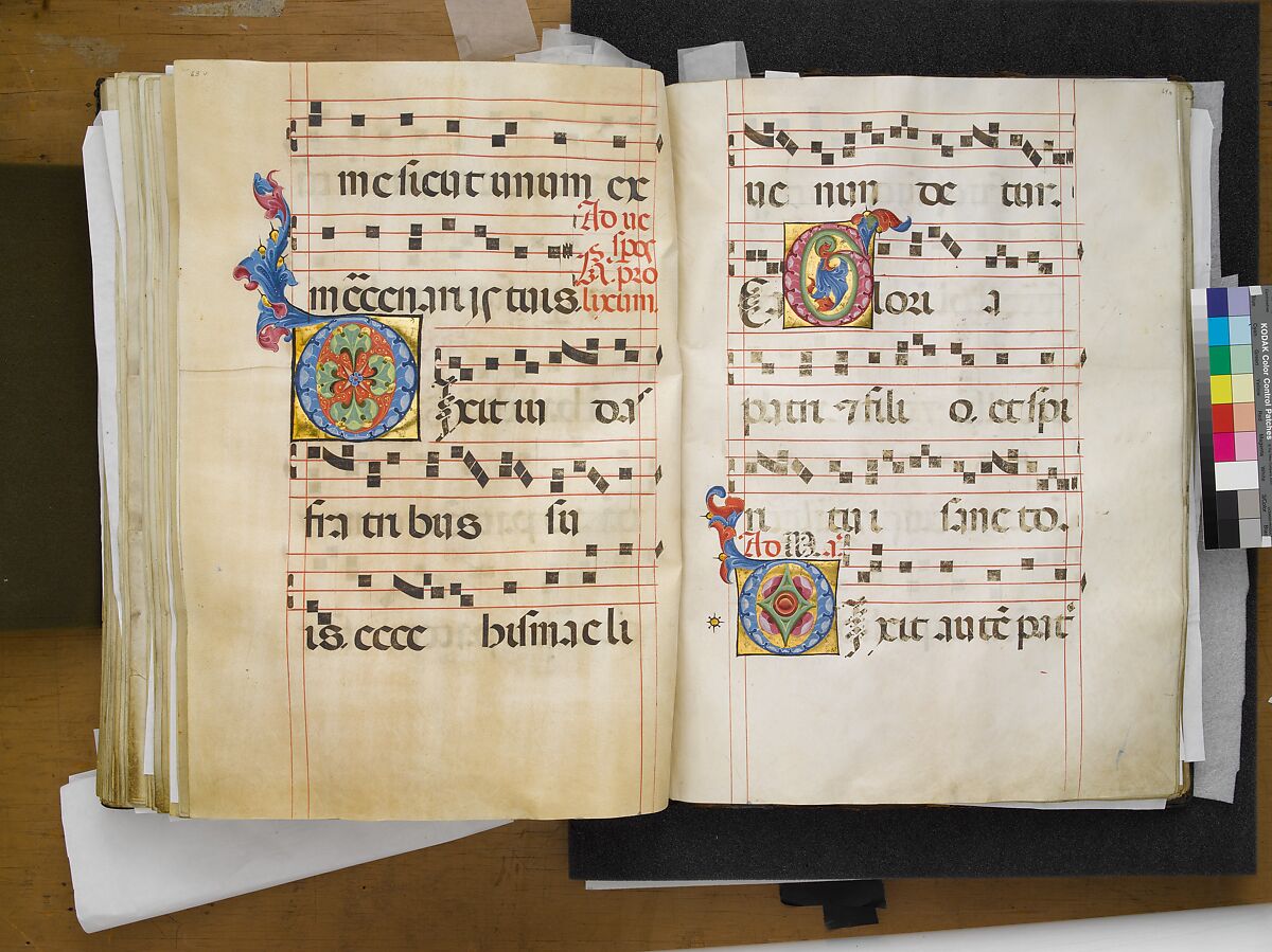 Benedictine Antiphonary, Belbello da Pavia (Italian, born Lombard, active ca. 1420–70) and collaborators, Tempera, gold, and ink on parchment; binding: leather over wood boards with copper alloy corner mounts and bosses, Italian