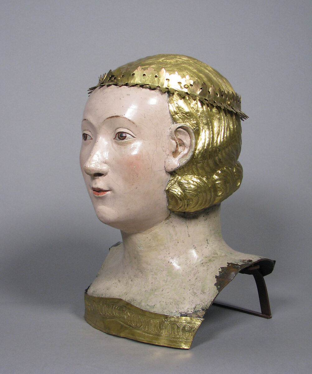 Reliquary Bust of Saint Juliana, Circle of Giovanni di Bartolo (Italian, active 1364–1404), Copper, gilding, gesso, and tempera paint, Italian