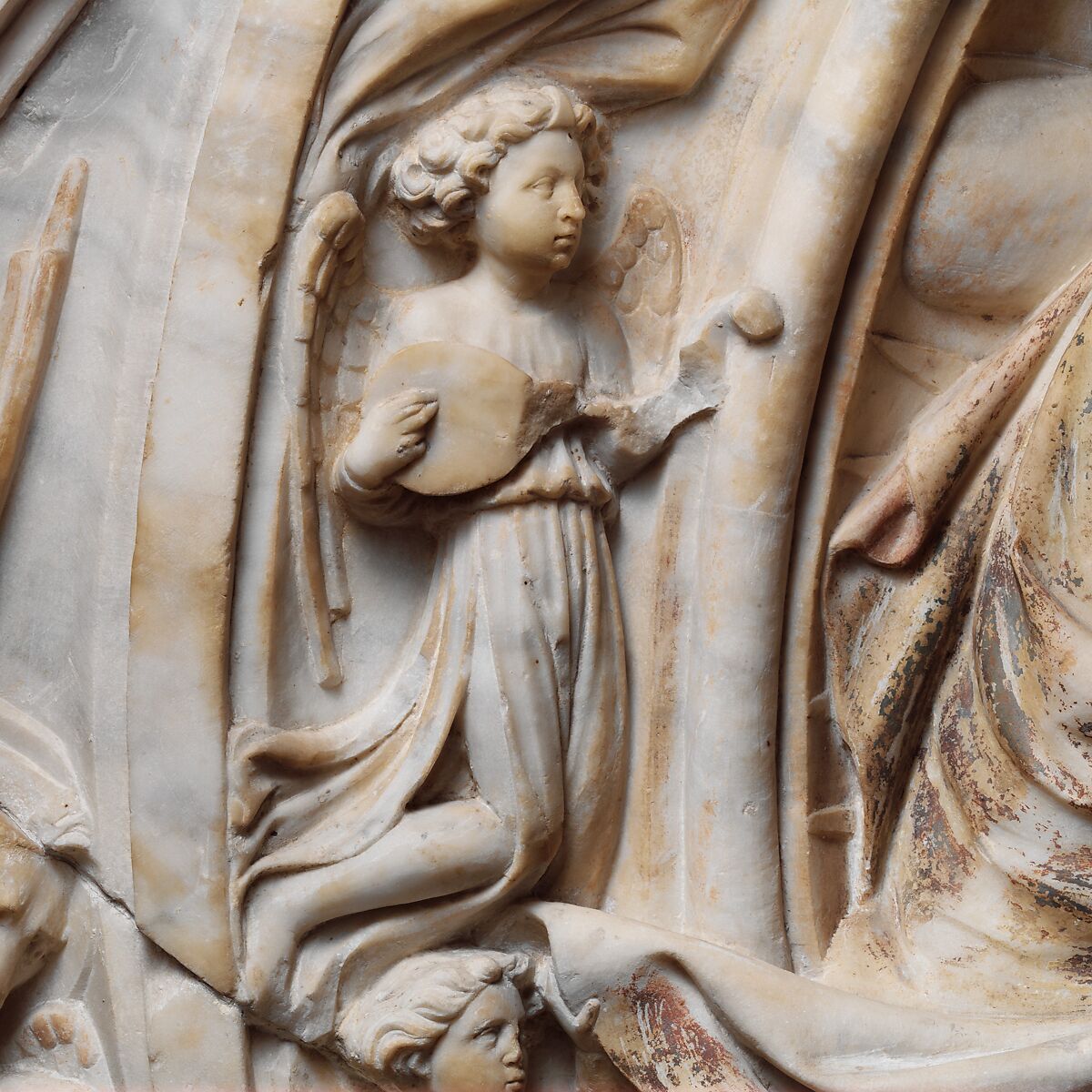 Altarpiece with Christ, Saint John the Baptist, and Saint Margaret, Andrea da Giona (Italian, active ca. 1434–46), Marble (Carrara marble), Italian