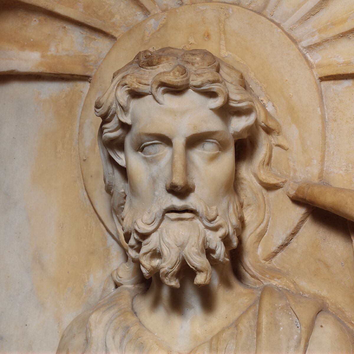 Altarpiece with Christ, Saint John the Baptist, and Saint Margaret, Andrea da Giona (Italian, active ca. 1434–46), Marble (Carrara marble), Italian