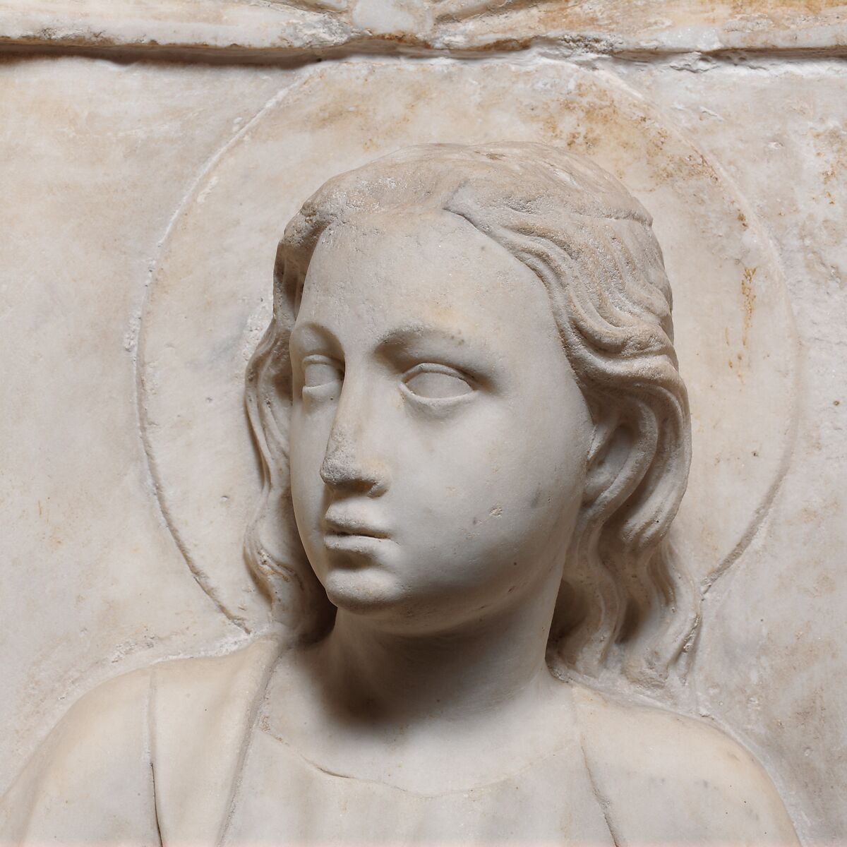 Altarpiece with Christ, Saint John the Baptist, and Saint Margaret, Andrea da Giona (Italian, active ca. 1434–46), Marble (Carrara marble), Italian