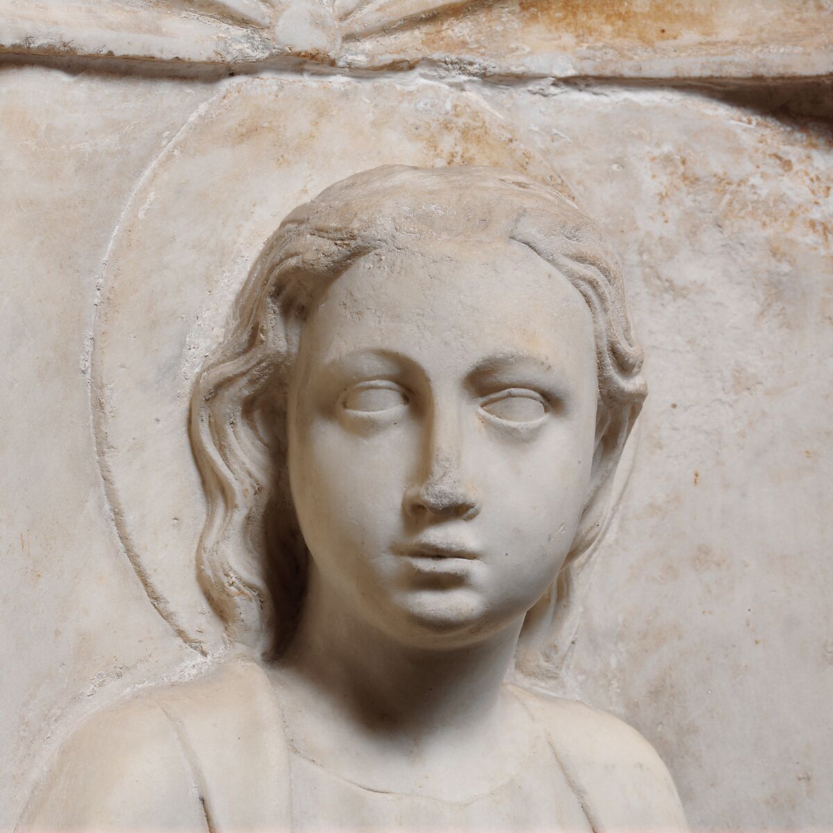 Altarpiece with Christ, Saint John the Baptist, and Saint Margaret, Andrea da Giona (Italian, active ca. 1434–46), Marble (Carrara marble), Italian