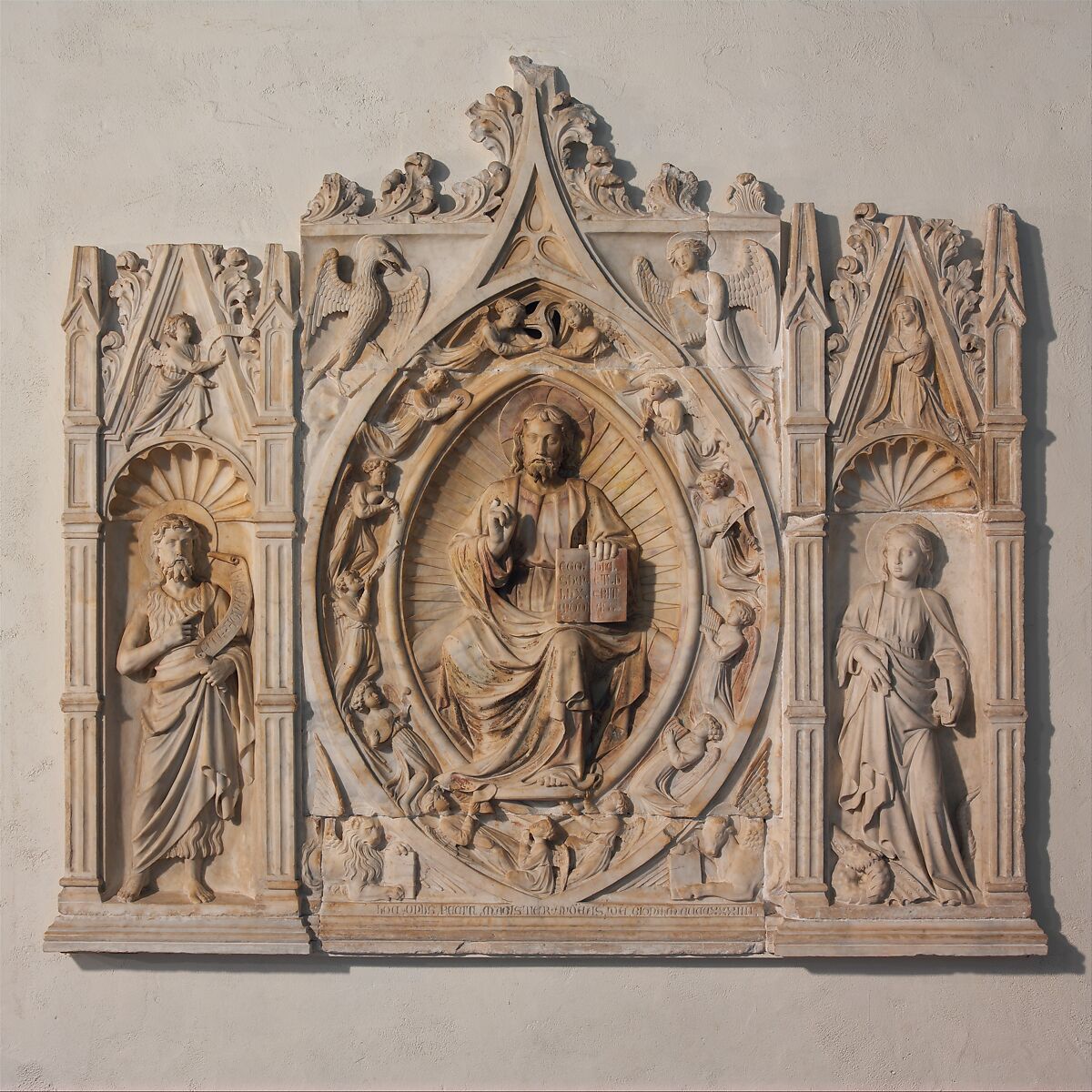 Altarpiece with Christ, Saint John the Baptist, and Saint Margaret, Andrea da Giona  Italian, Marble (Carrara marble), Italian