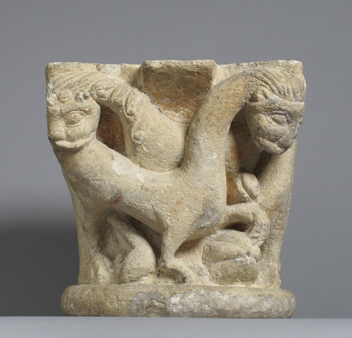 Capital with intertwining animals, Yellow limestone, with traces of red paint, French 