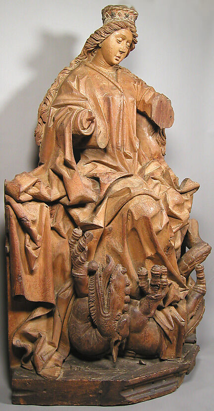 Saint Margaret, Workshop of Michael Pacher (Austrian or German, active by 1462/3–died 1498), Pine with metal appliqués, traces of gesso and paint, Austrian