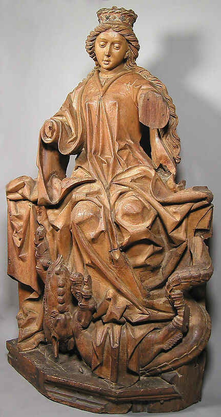Saint Margaret, Workshop of Michael Pacher (Austrian or German, active by 1462/3–died 1498), Pine with metal appliqués, traces of gesso and paint, Austrian