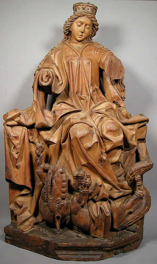 Saint Margaret, Workshop of Michael Pacher (Austrian or German, active by 1462/3–died 1498), Pine with metal appliqués, traces of gesso and paint, Austrian 
