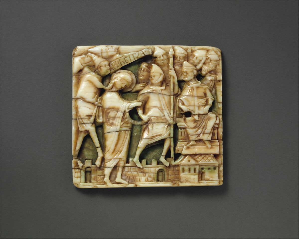 Plaque with Christ Before the High Priest Caiaphas, Walrus Ivory and paint, British 