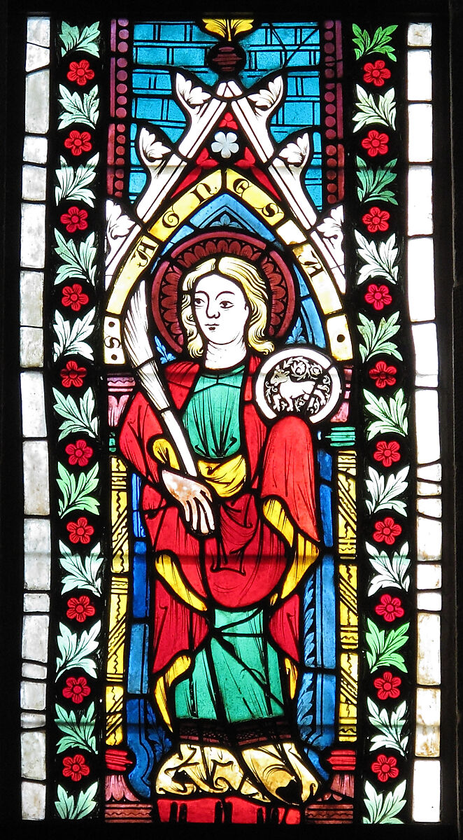 Saint Agnes, Pot-metal glass, colorless glass, and vitreous paint, Austrian 