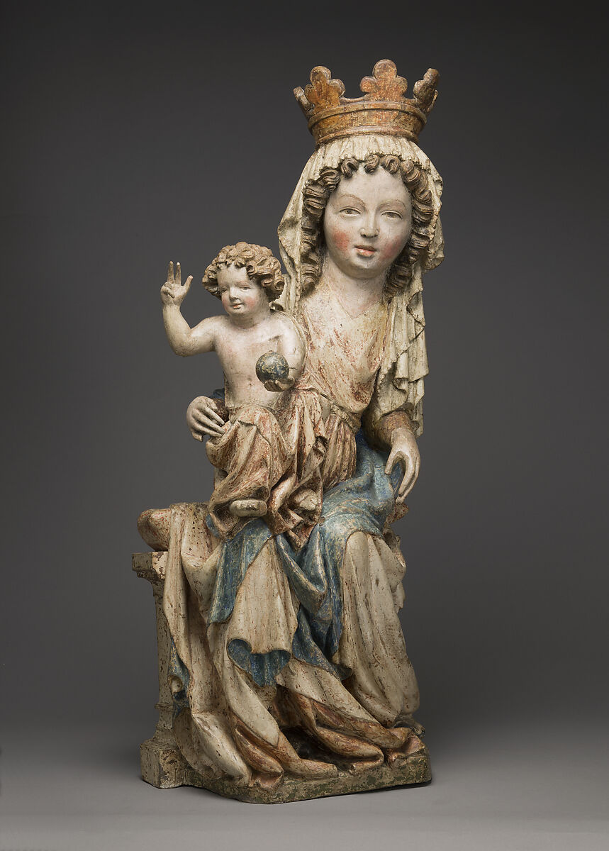 Enthroned Virgin and Child, Limewood with paint and gilding, Bohemian