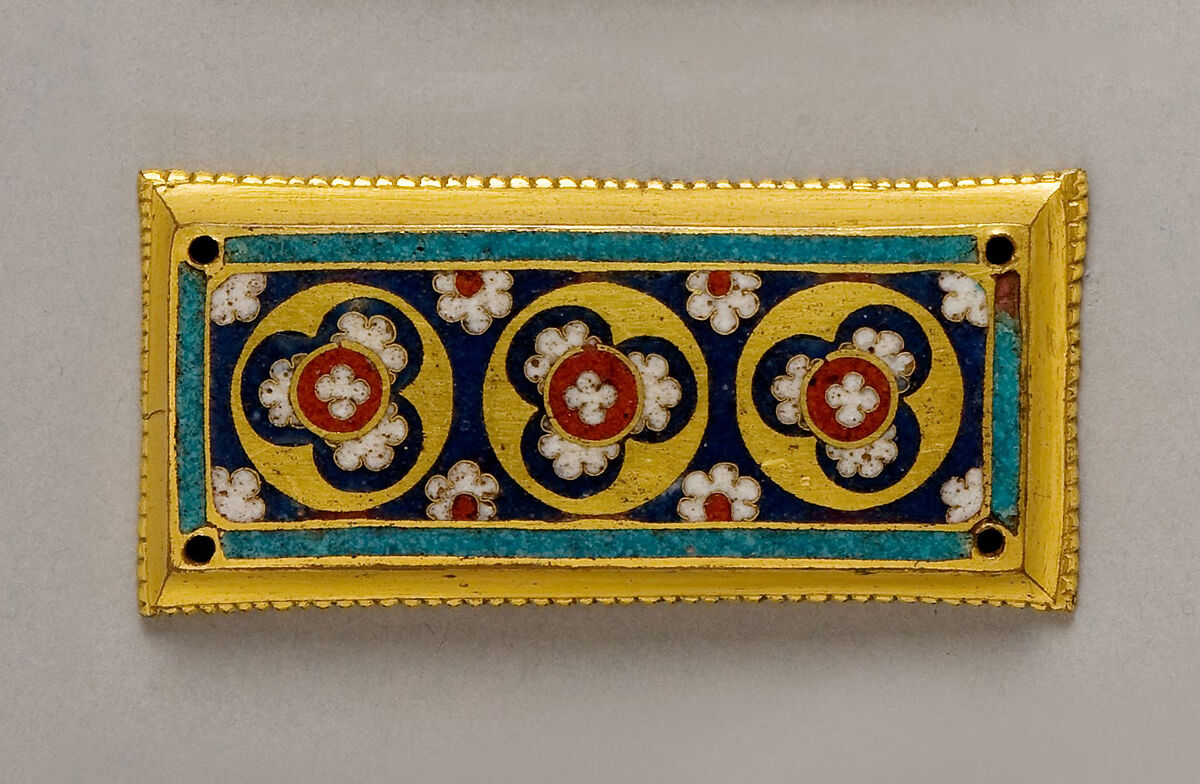 Plaque from a Reliquary, Workshop of Master of the Virgin Mary&#39;s Reliquary Casket (German, Aachen), Champlevé and cloisonné enamel, copper-gilt, German 
