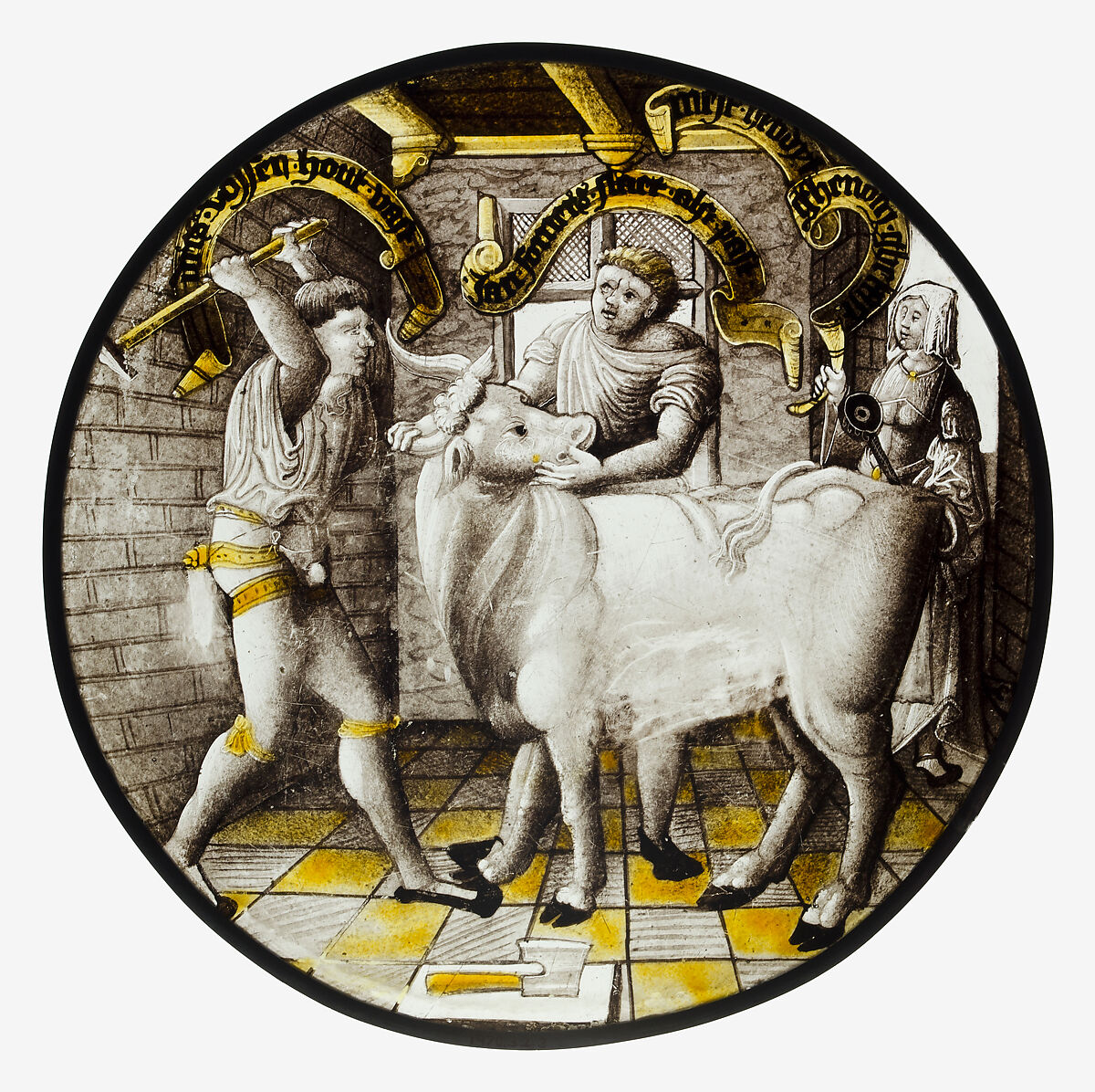 Roundel with Killing of the Ox (December), Colorless glass, vitreous paint and silver stain, North Netherlandish 