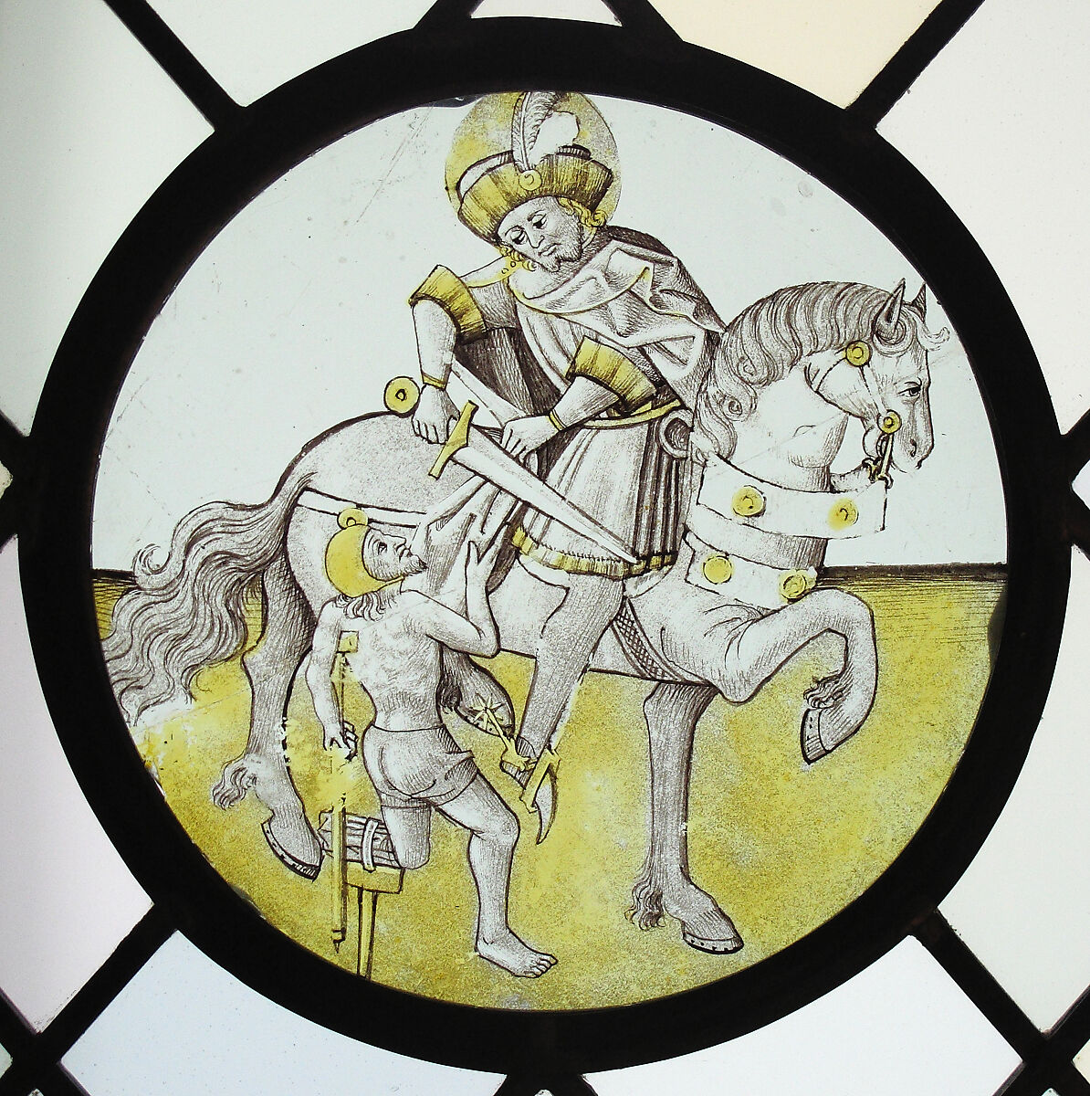 Roundel with Saint Martin and the Beggar, Colorless glass, vitreous paint and silver stain, German 