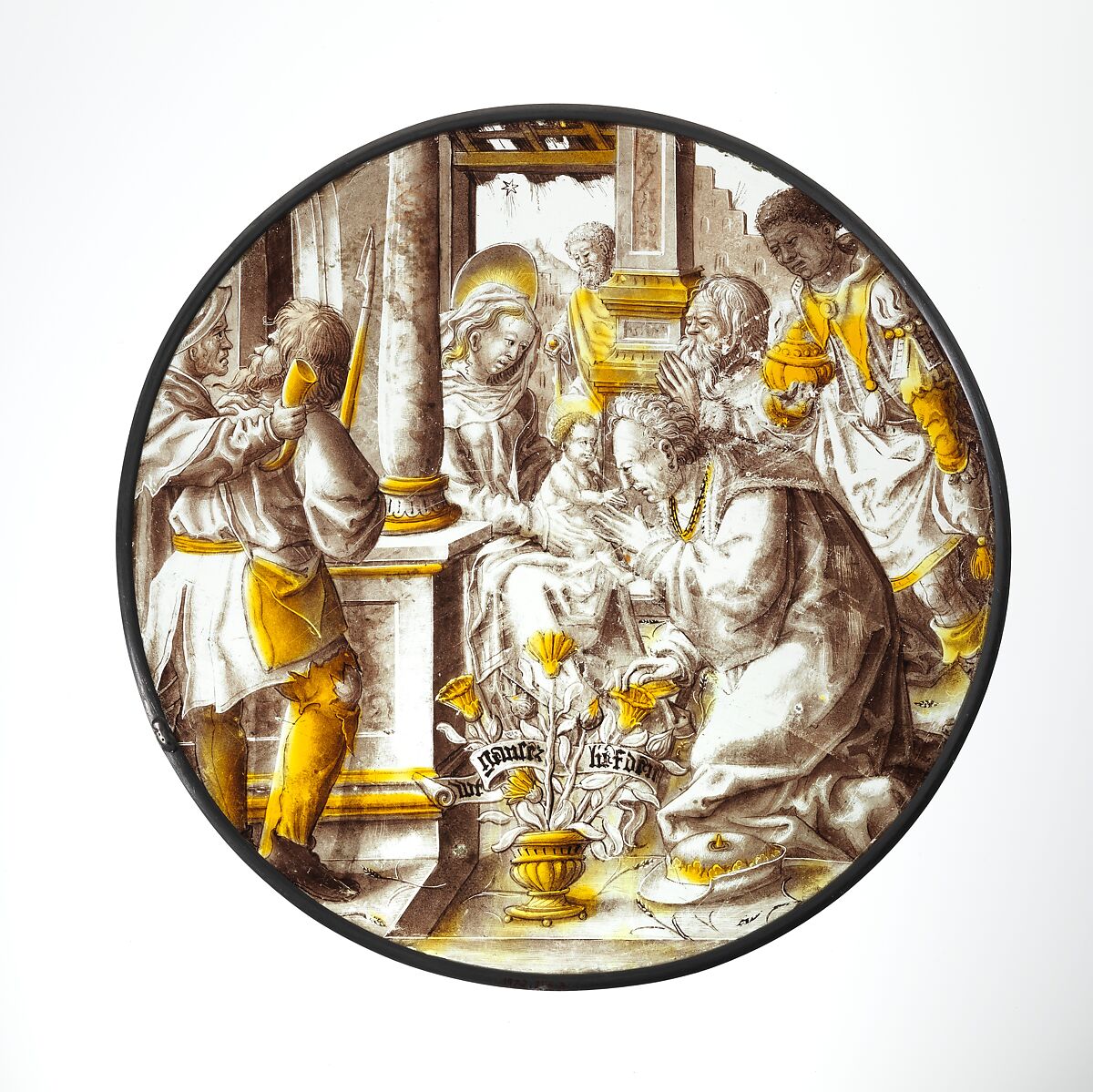 Roundel with Adoration of the Kings, Colorless glass, vitreous paint and silver stain, North Netherlandish 