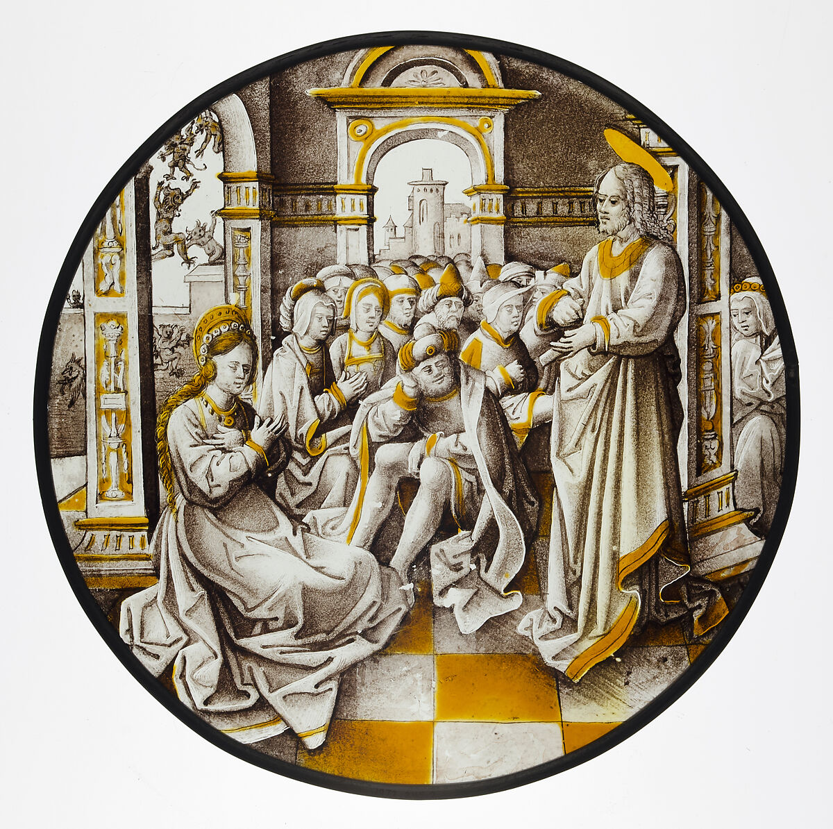 Roundel with Christ and the Adulterous Woman, Style of Pseudo-Ortkens (South Netherlandish, active Antwerp and Brussels, ca. 1500–30), Colorless glass, vitreous paint and silver stain, South Netherlandish 