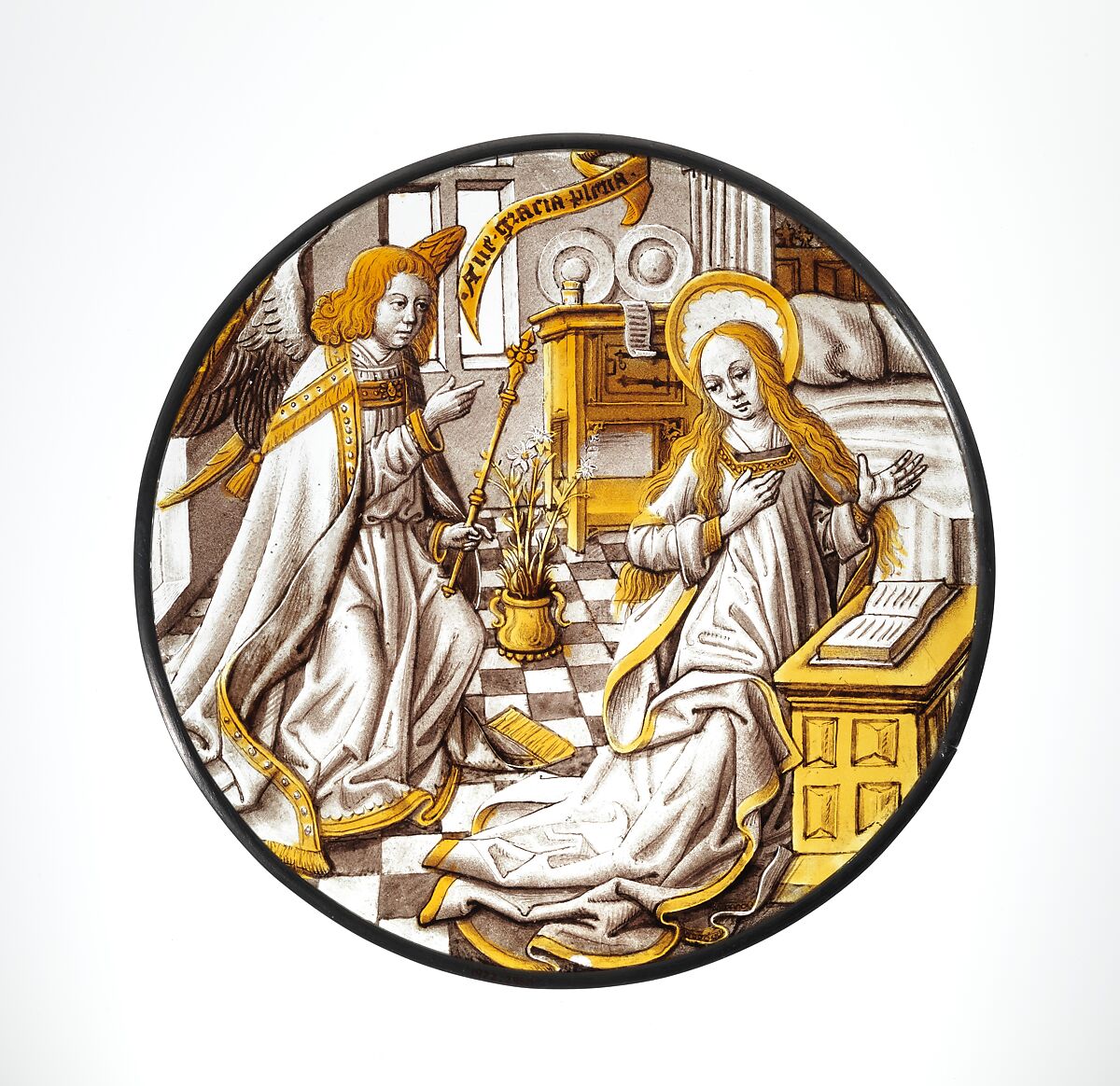 Roundel with Annunciation to the Virgin, Colorless glass, vitreous paint and silver stain, South Netherlandish 