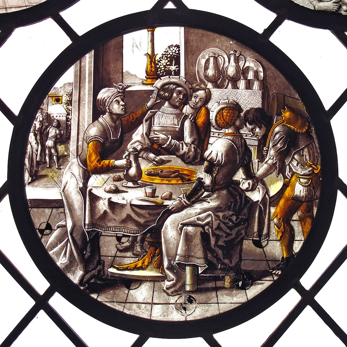 Roundel with Sorgheloos ("Carefree") with Easy Fortune, Colorless glass, vitreous paint and silver stain, North Netherlandish