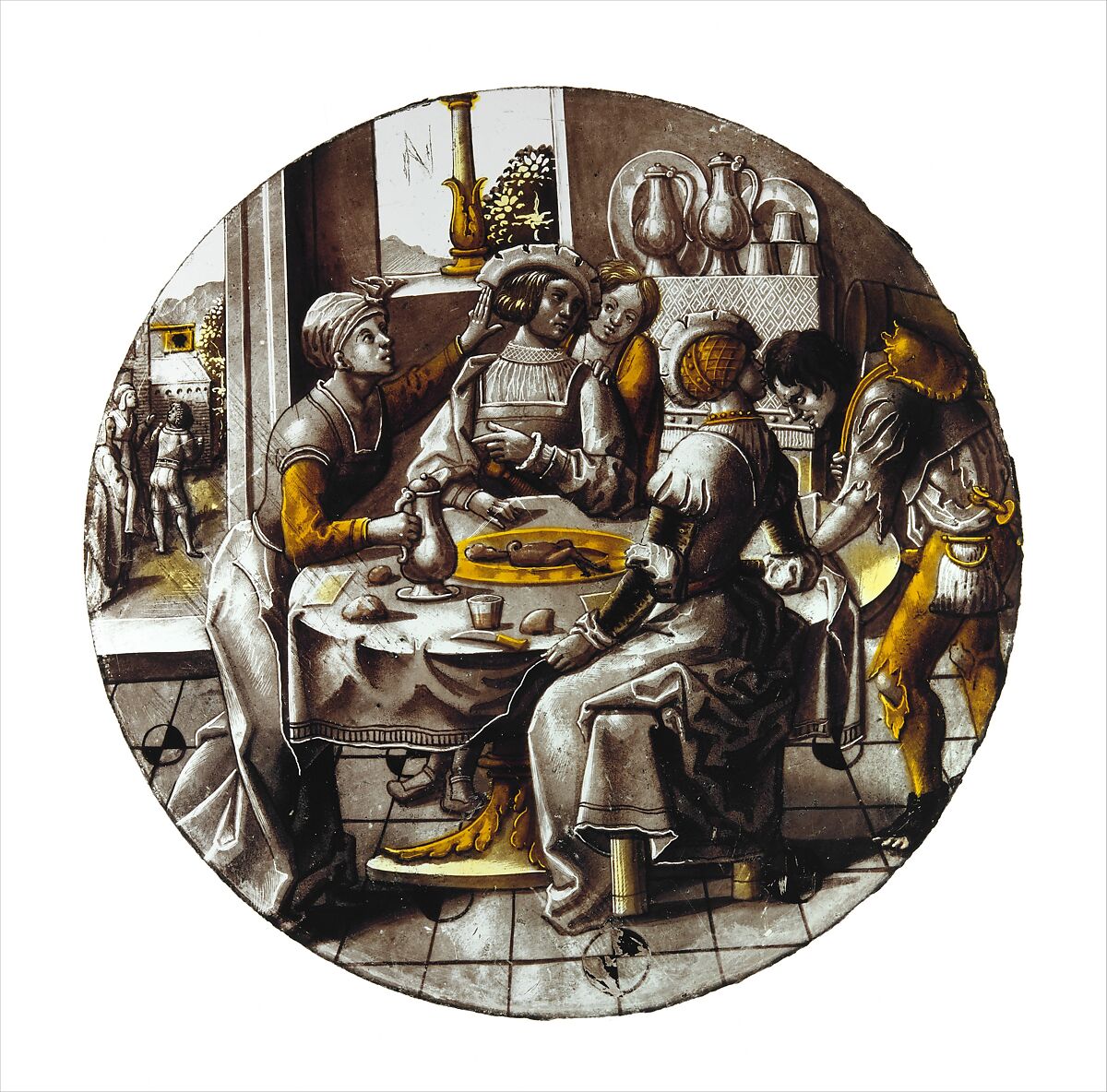 Roundel with Sorgheloos ("Carefree") with Easy Fortune, Colorless glass, vitreous paint and silver stain, North Netherlandish 