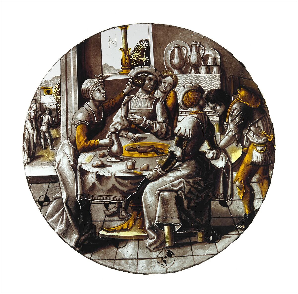 Roundel with Sorgheloos ("Carefree") with Easy Fortune, Colorless glass, vitreous paint and silver stain, North Netherlandish