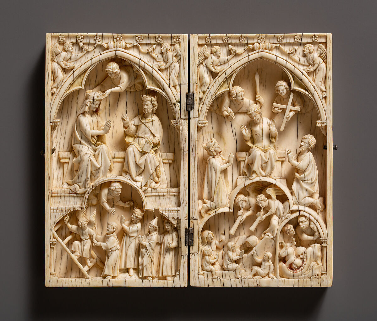 Diptych with the Coronation of the Virgin and the Last Judgment, Elephant ivory, with metal mounts, French 