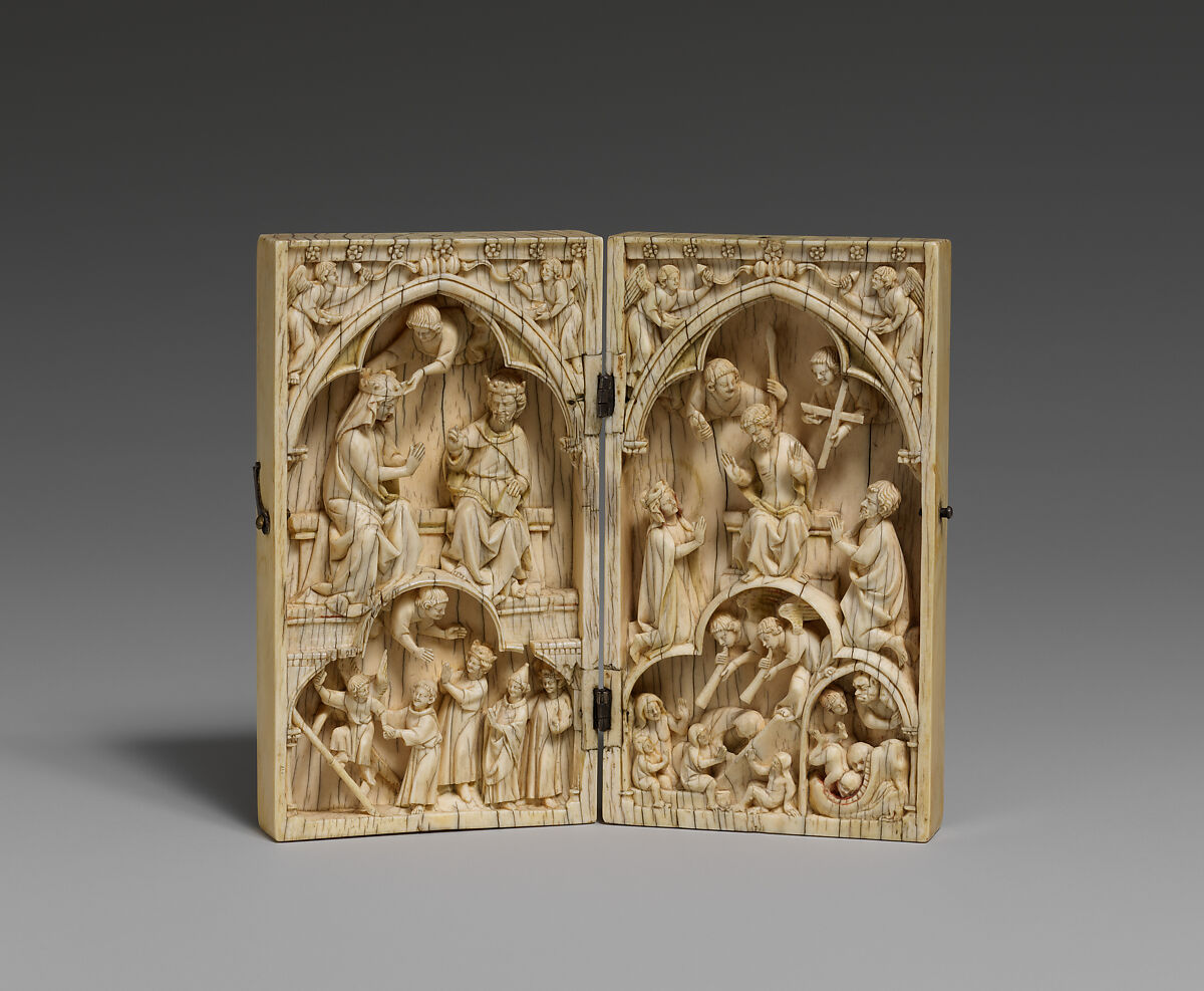 Diptych with the Coronation of the Virgin and the Last Judgment, Elephant ivory, with metal mounts, French 