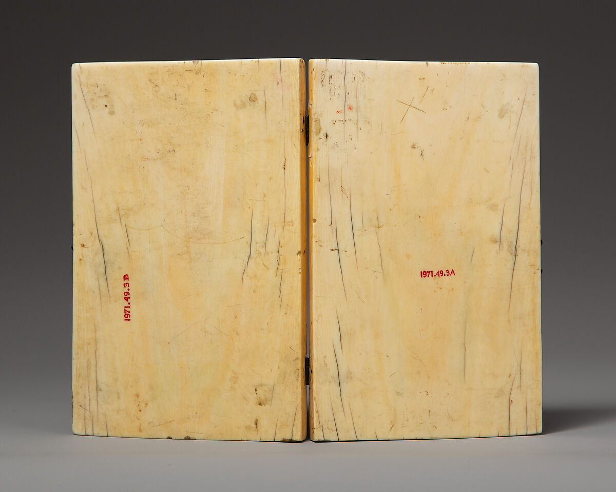 Diptych with the Virgin and Child and the Crucifixion, Elephant ivory with metal mounts, German