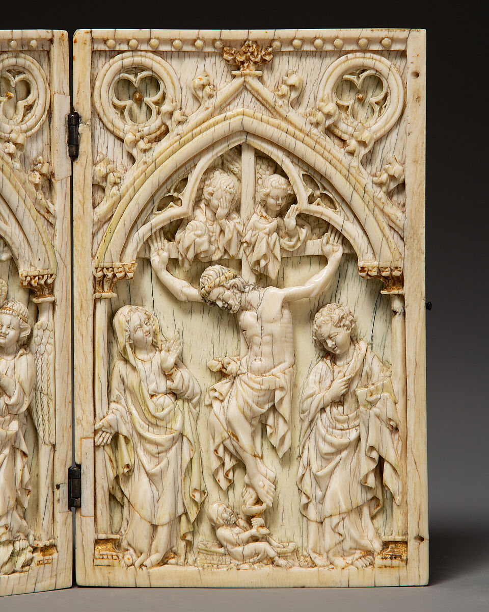 Diptych with the Virgin and Child and the Crucifixion, Elephant ivory with metal mounts, German