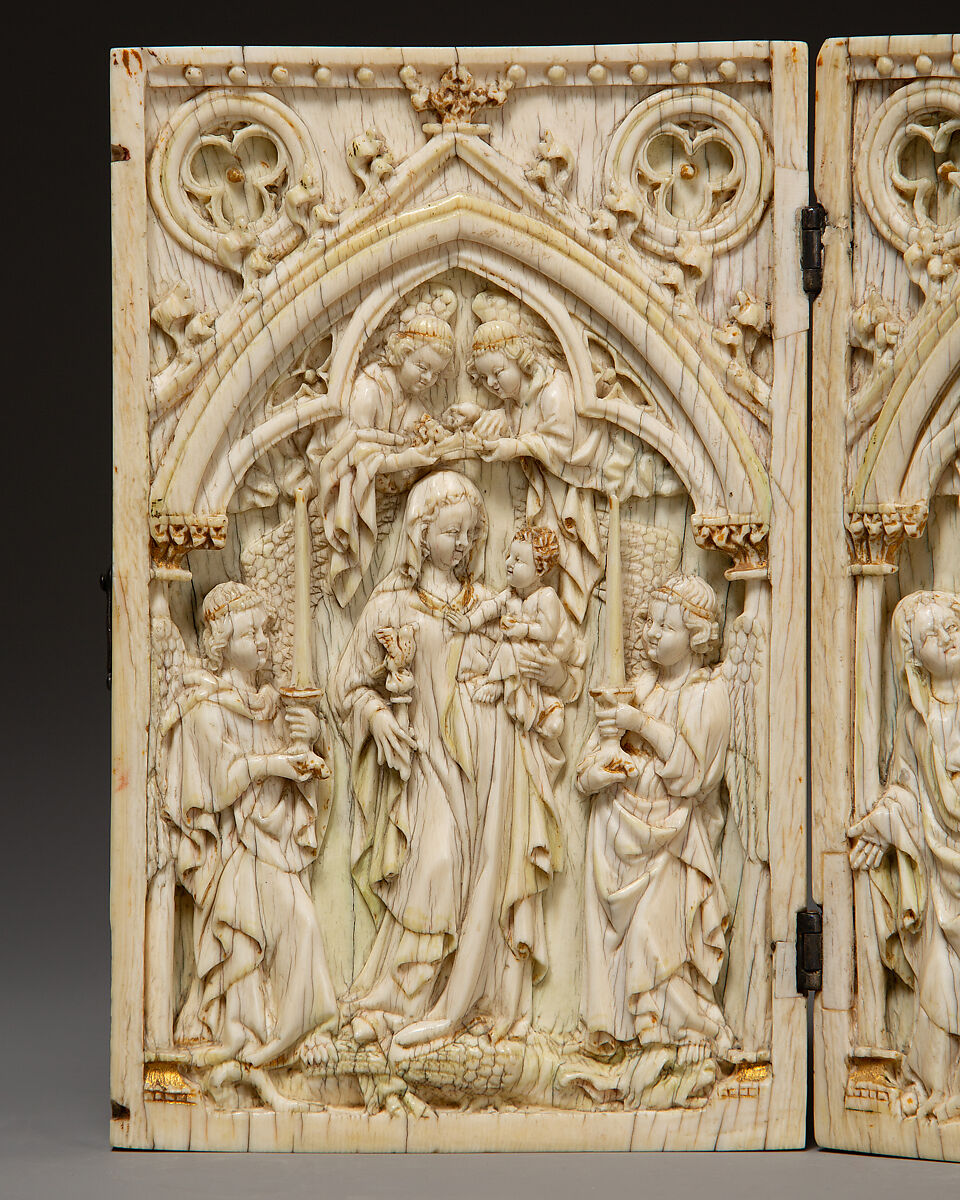 Diptych with the Virgin and Child and the Crucifixion, Elephant ivory with metal mounts, German