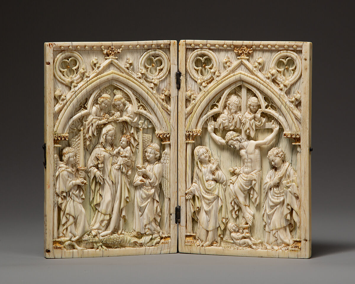 Diptych with the Virgin and Child and the Crucifixion, Elephant ivory with metal mounts, German 