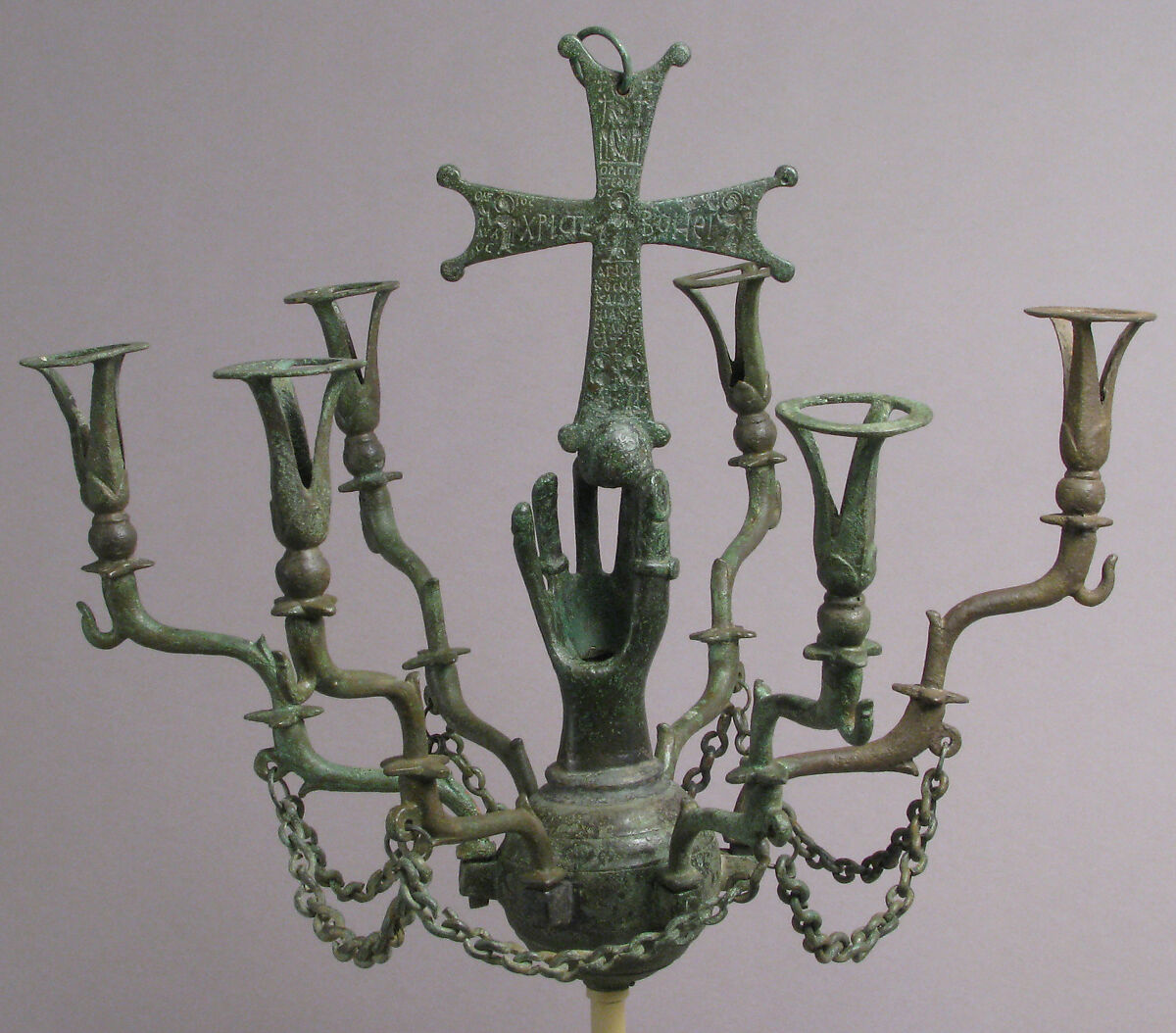 Hanging Lamp with a Hand Holding a Cross, Copper alloy, Byzantine