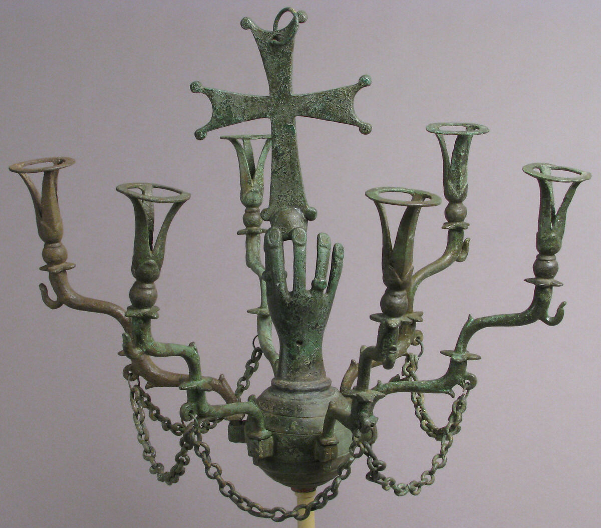 Hanging Lamp with a Hand Holding a Cross, Copper alloy, Byzantine