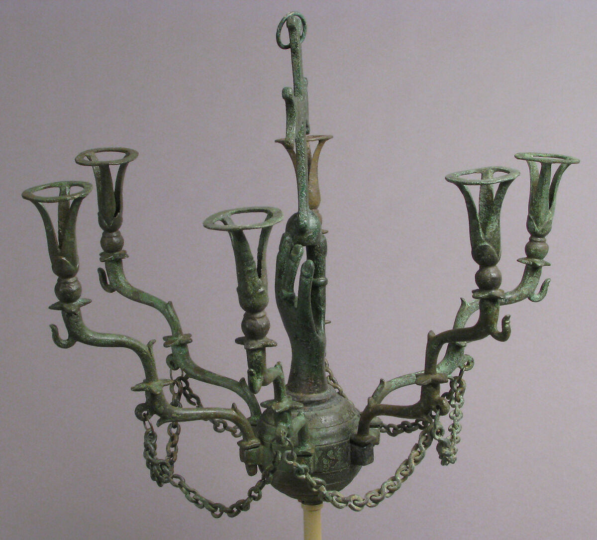 Hanging Lamp with a Hand Holding a Cross, Copper alloy, Byzantine