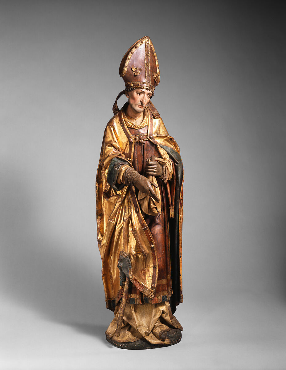 Standing Bishop, Workshop of Tilman Riemenschneider (German, 1460–1531), Limewood with paint and gilding, German 