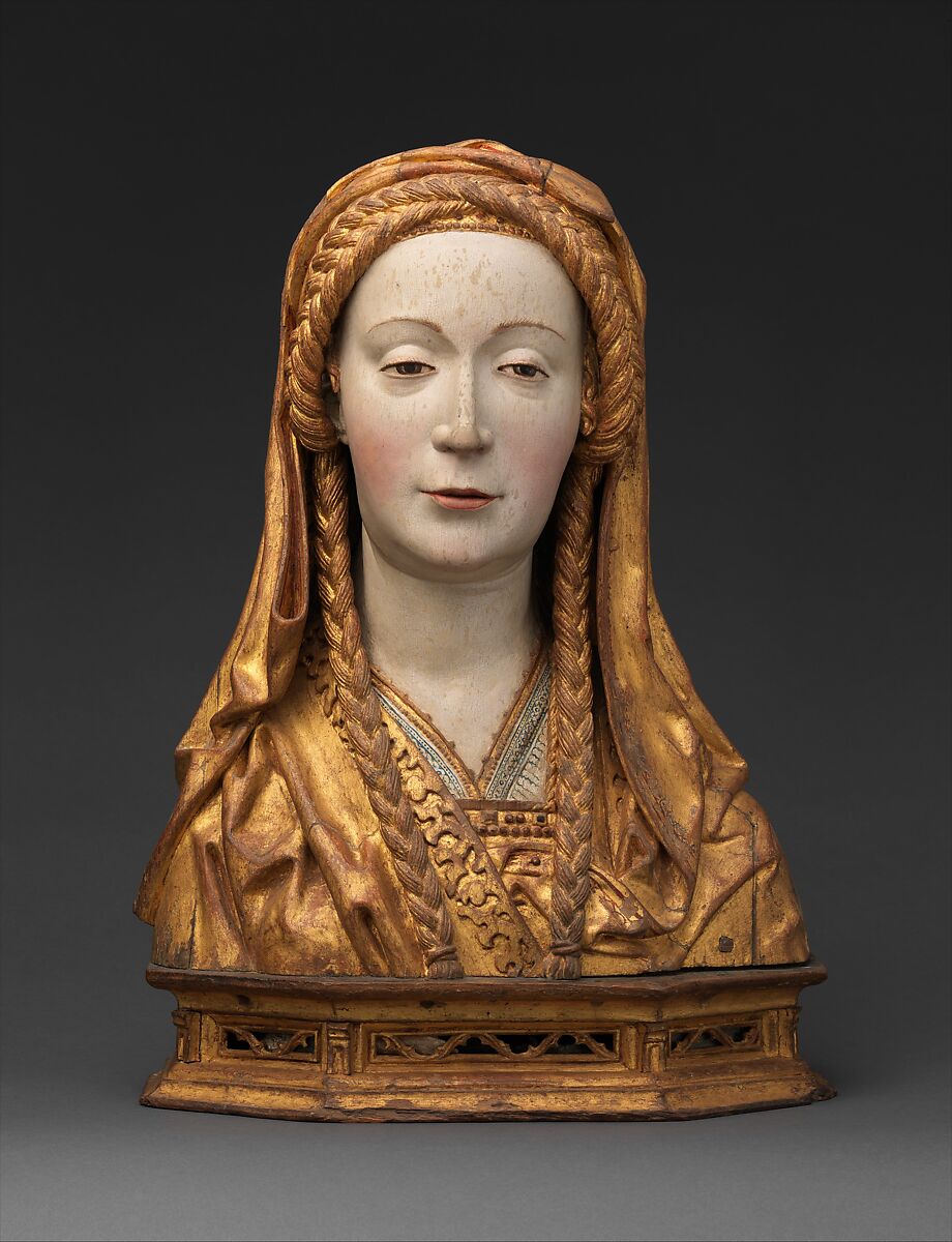 Reliquary Bust of a Female Saint, Oak, painted and gilded, and human remains, South Netherlandish