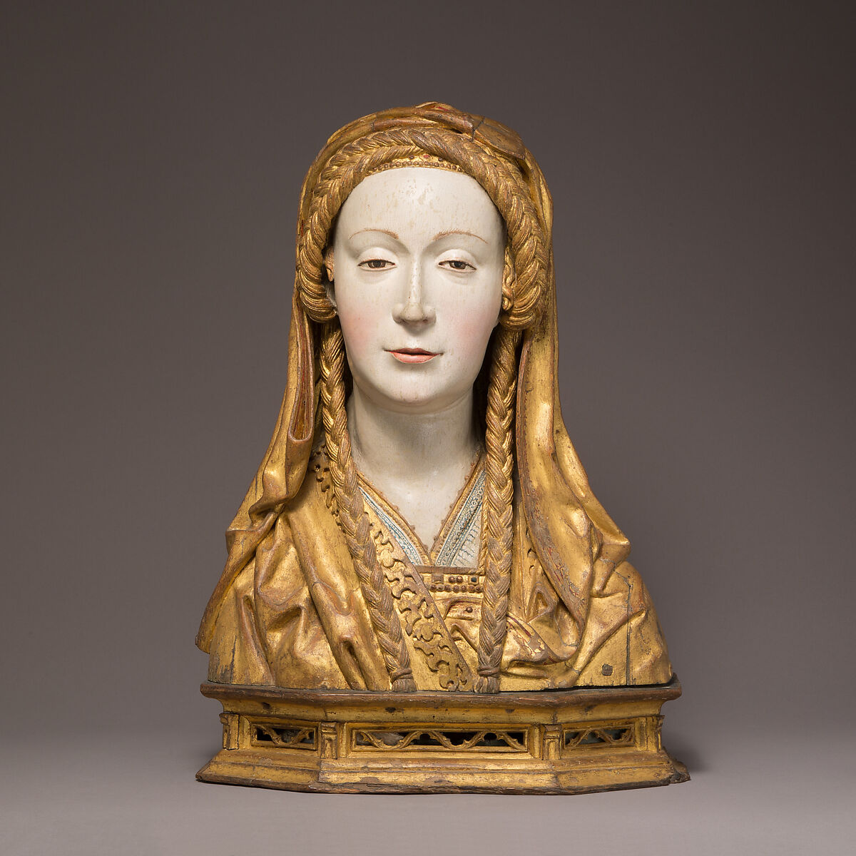 Reliquary Bust of a Female Saint, Oak, painted and gilded, and human remains, South Netherlandish 