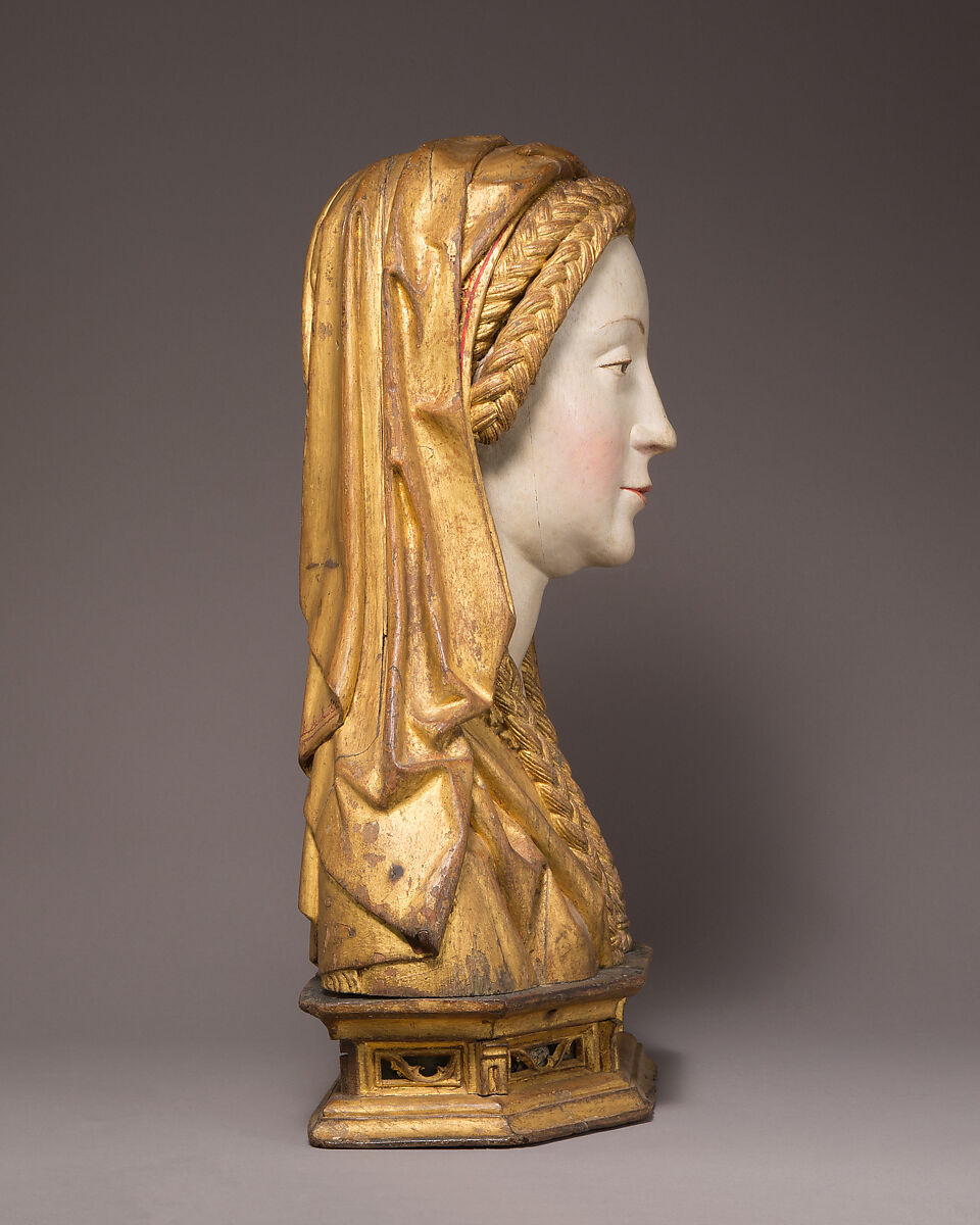 Reliquary Bust of a Female Saint, Oak, painted and gilded, and human remains, South Netherlandish