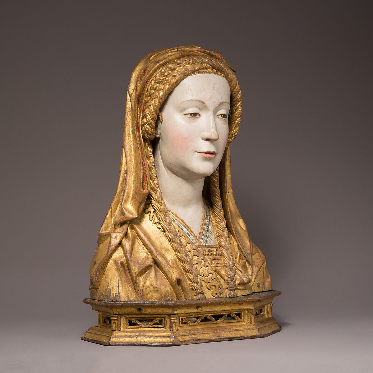Reliquary Bust of a Female Saint, Oak, painted and gilded, and human remains, South Netherlandish