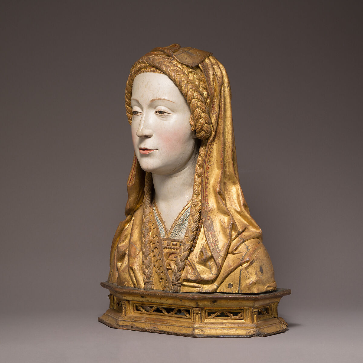 Reliquary Bust of a Female Saint, Oak, painted and gilded, and human remains, South Netherlandish