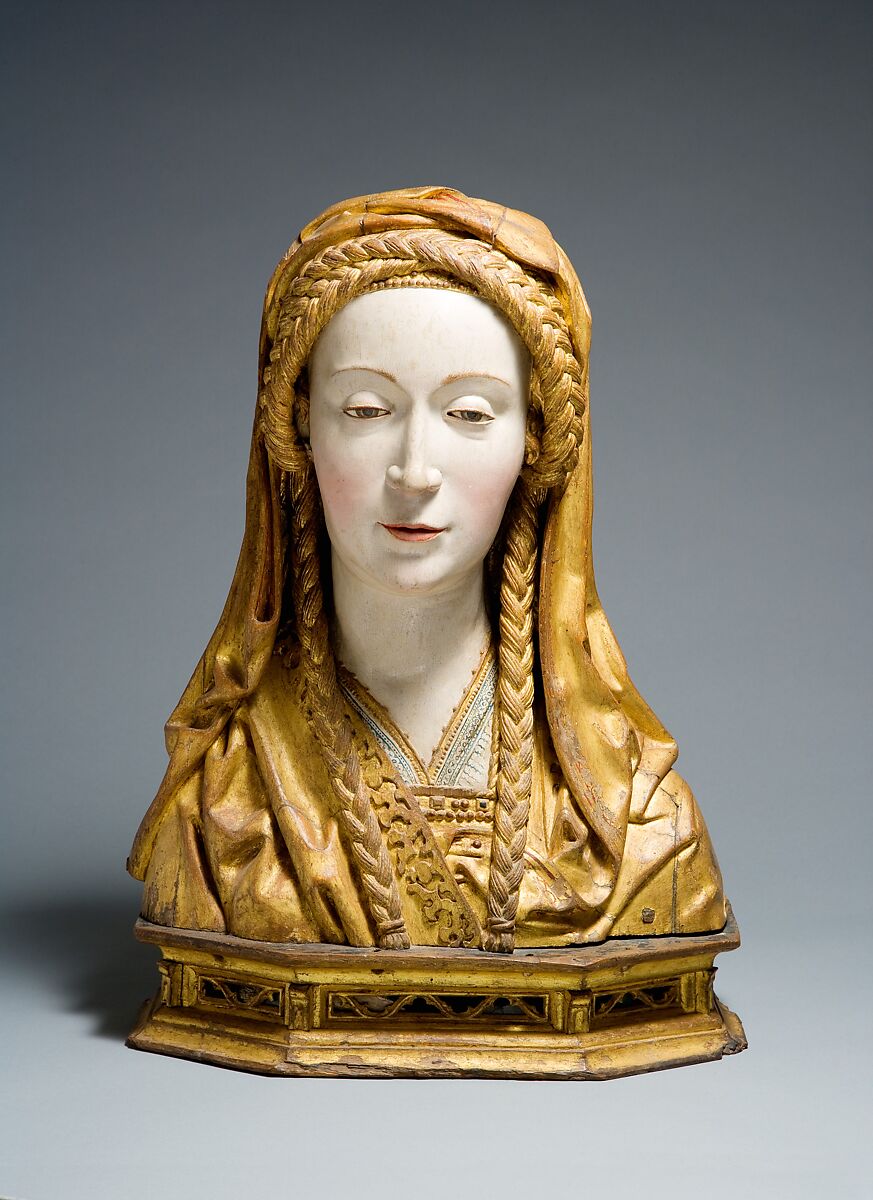 Reliquary Bust of a Female Saint, Oak, painted and gilded, and human remains, South Netherlandish