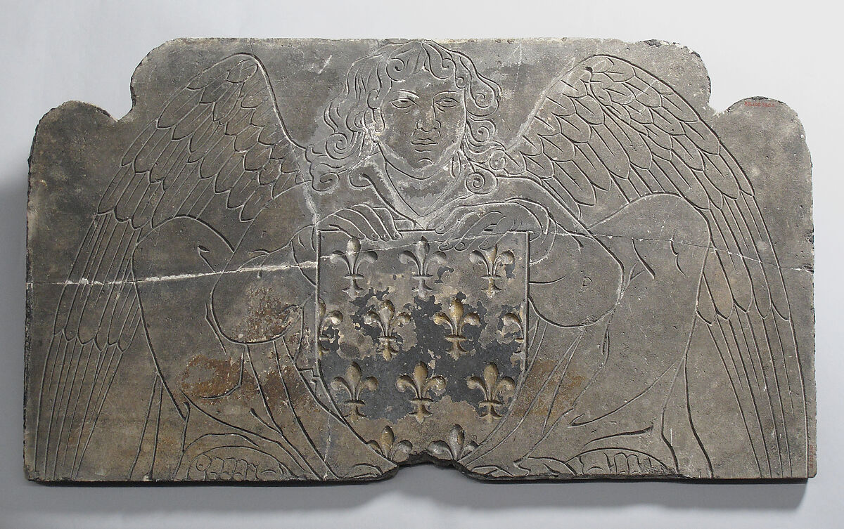 Tomb Slab with an Angel and Coat of Arms, White marble, black marble, paint, gilt, French 